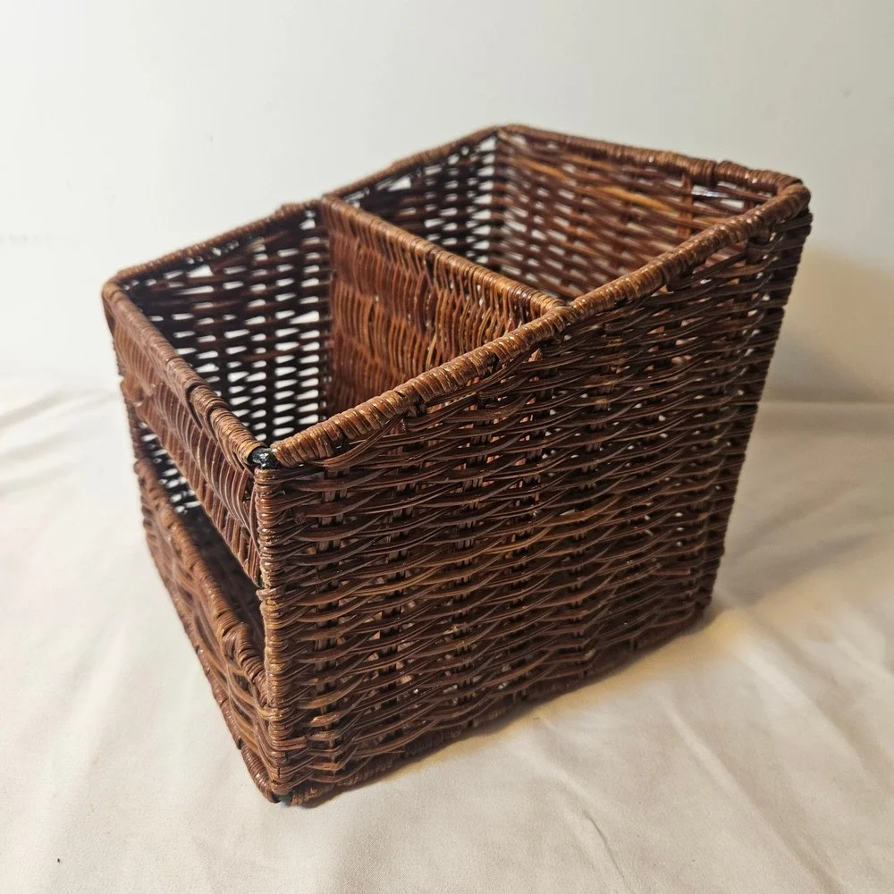 Vintage Brown Wicker Desk Organizer 2-Compartment Woven Mail Sort Basket Rustic